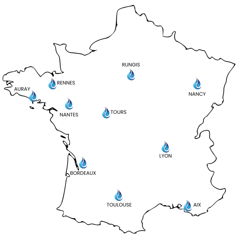 Carte de France présentant les agences AXO Fontaines avec repères par ville pour professionnels et CHR